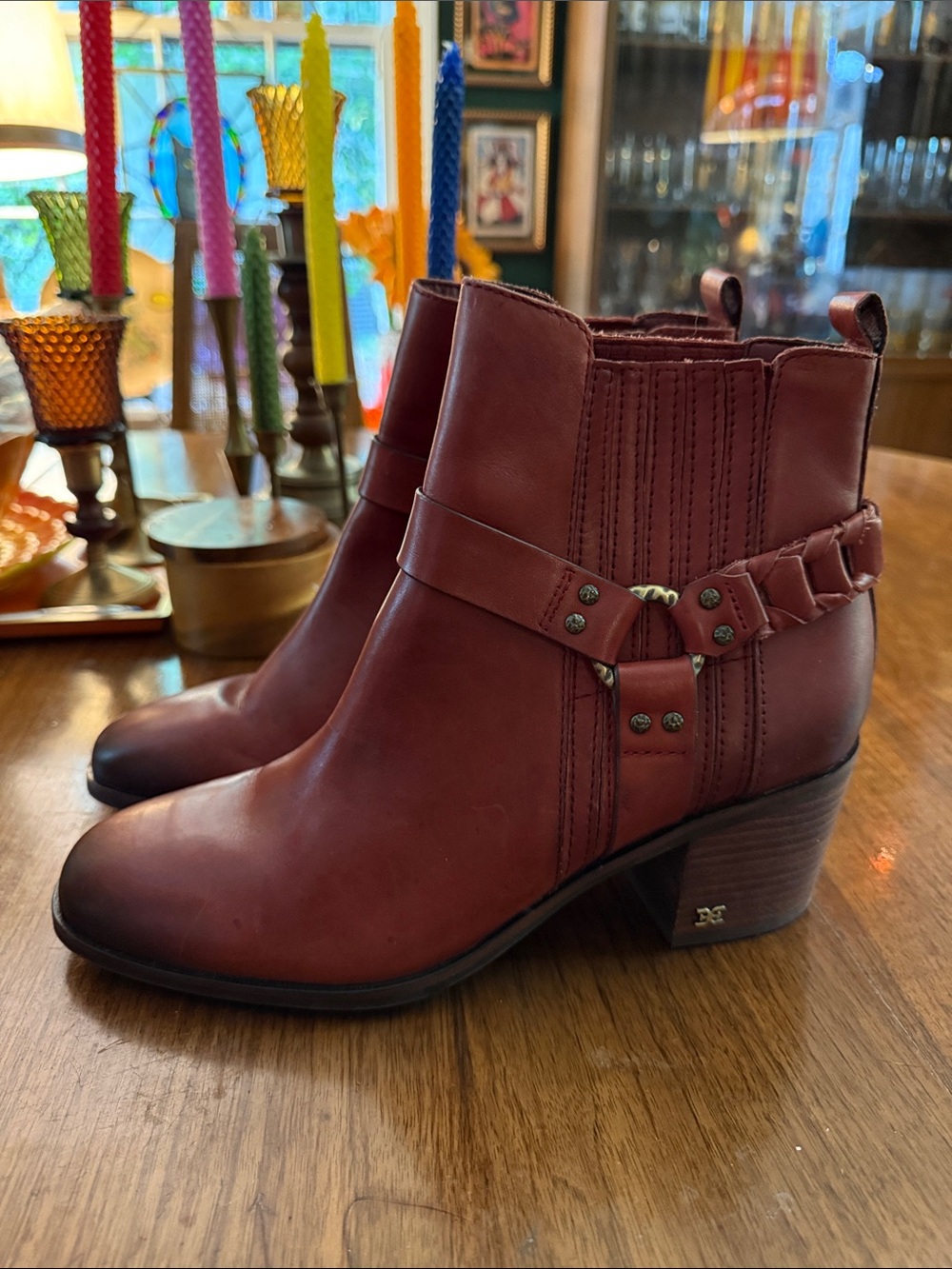 Sam Edelman Women's Ankle Boot - Burgundy Leather Chelsea Heel